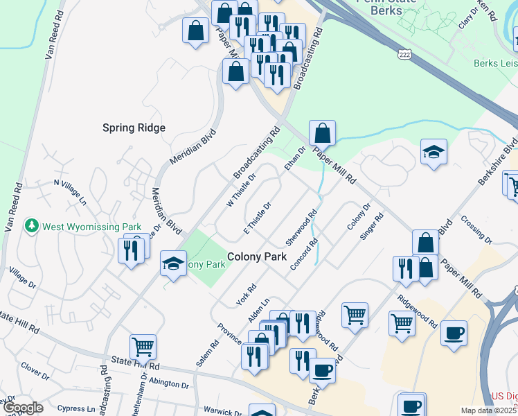 map of restaurants, bars, coffee shops, grocery stores, and more near 1647 East Thistle Drive in Wyomissing