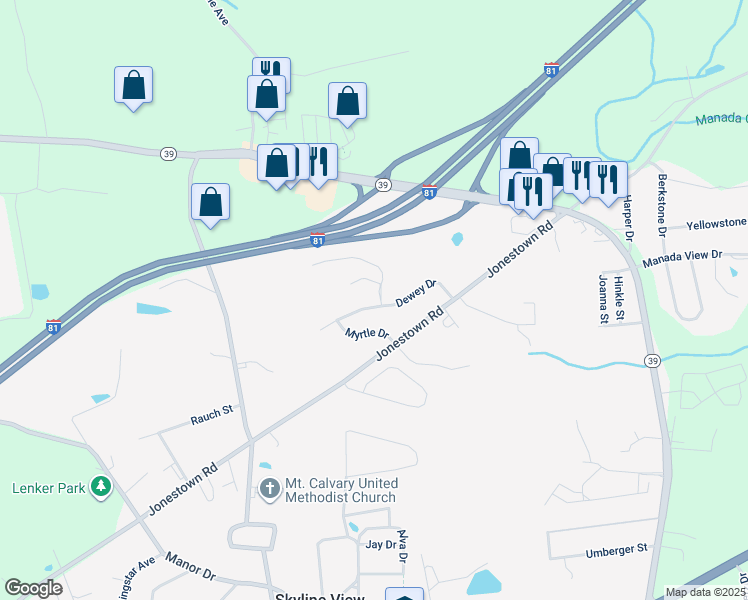 map of restaurants, bars, coffee shops, grocery stores, and more near 7824 Dewey Drive in Harrisburg