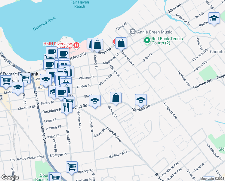 map of restaurants, bars, coffee shops, grocery stores, and more near 140 Manor Drive in Red Bank