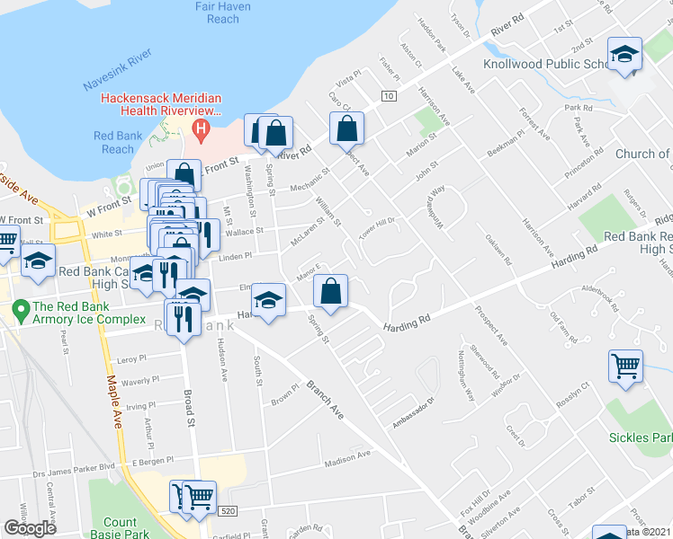 map of restaurants, bars, coffee shops, grocery stores, and more near 53 Manor Drive in Red Bank