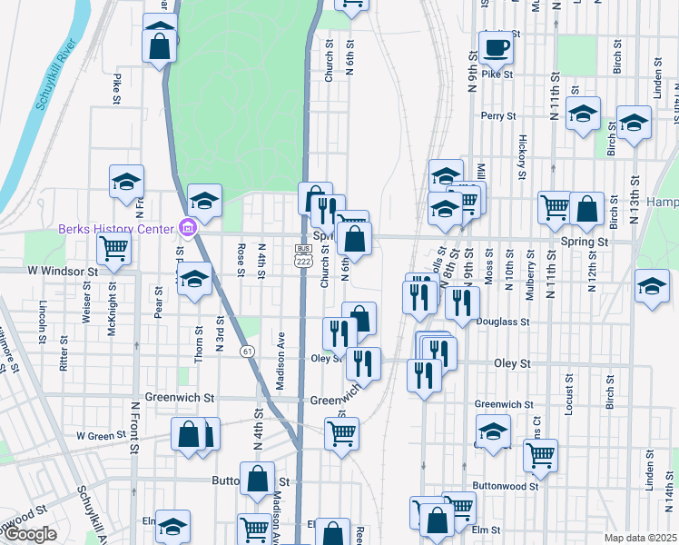 map of restaurants, bars, coffee shops, grocery stores, and more near 848 North 6th Street in Reading