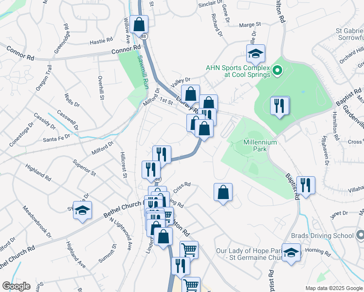 map of restaurants, bars, coffee shops, grocery stores, and more near 4762 Library Road in Bethel Park
