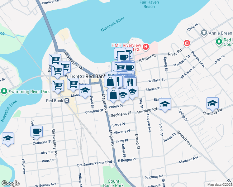 map of restaurants, bars, coffee shops, grocery stores, and more near 30 Peters Place in Red Bank