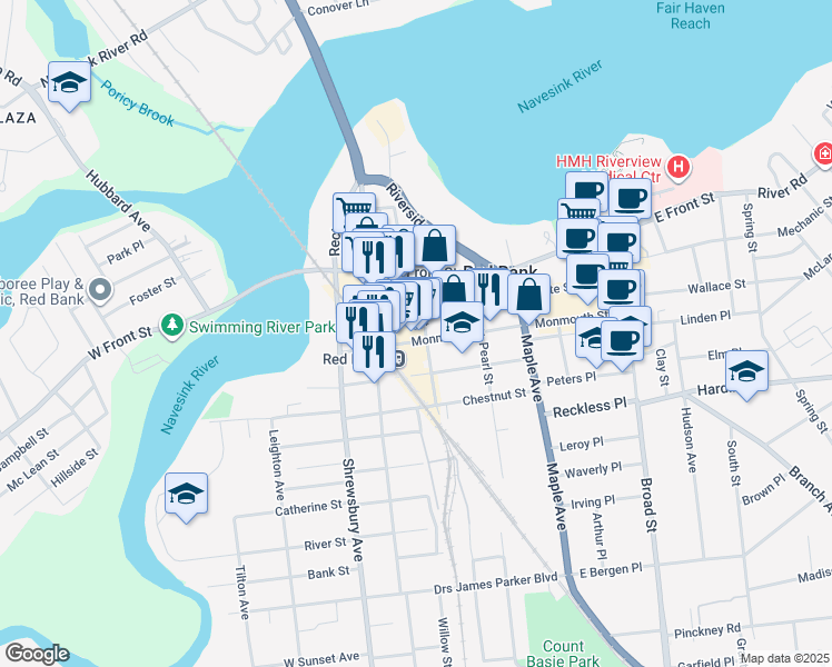 map of restaurants, bars, coffee shops, grocery stores, and more near 145 Monmouth Street in Red Bank