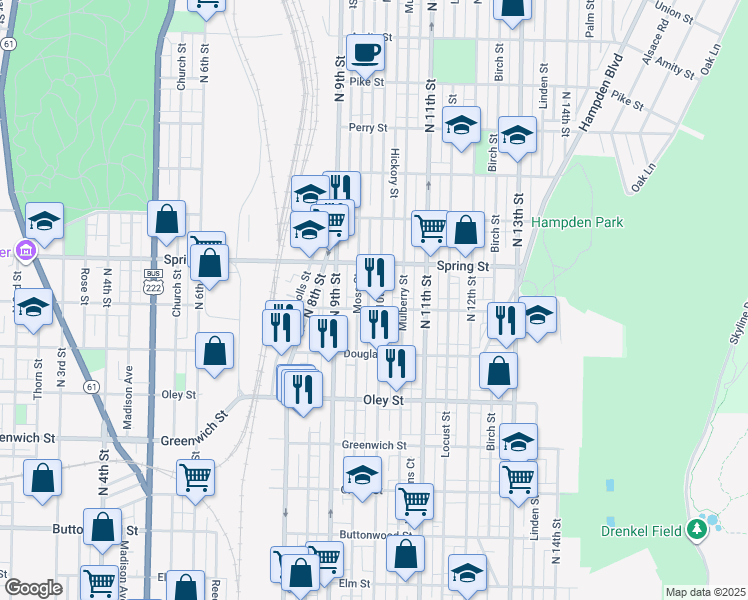 map of restaurants, bars, coffee shops, grocery stores, and more near 840 North 10th Street in Reading
