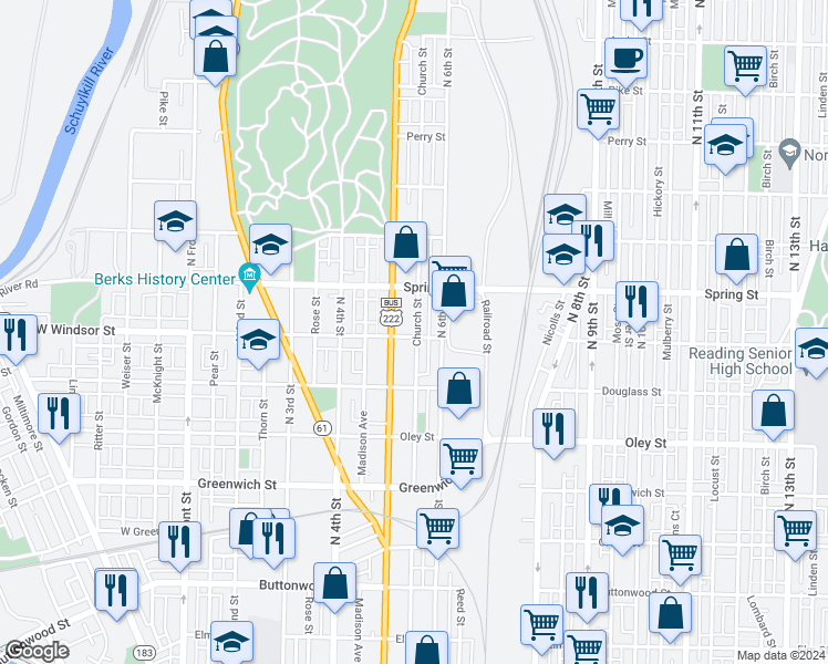 map of restaurants, bars, coffee shops, grocery stores, and more near 829 North 5th Street in Reading