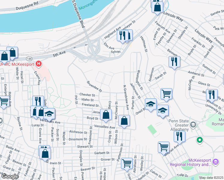 map of restaurants, bars, coffee shops, grocery stores, and more near 3202 Brownlee Street in McKeesport