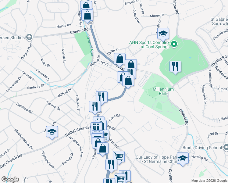 map of restaurants, bars, coffee shops, grocery stores, and more near 4762 Library Road in Bethel Park