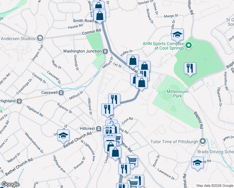 map of restaurants, bars, coffee shops, grocery stores, and more near 4786 Library Road in Bethel Park