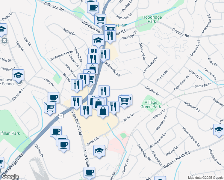 map of restaurants, bars, coffee shops, grocery stores, and more near 44 Highland Road in Bethel Park