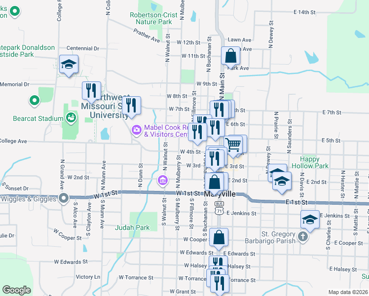 map of restaurants, bars, coffee shops, grocery stores, and more near 315 North Mulberry Street in Maryville