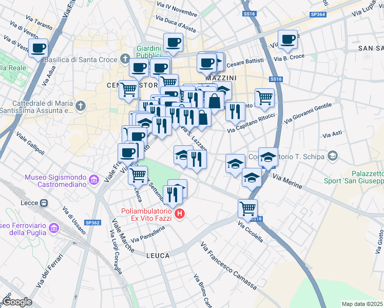 map of restaurants, bars, coffee shops, grocery stores, and more near 60 Via Giovanni Antonio Orsini del Balzo in Lecce