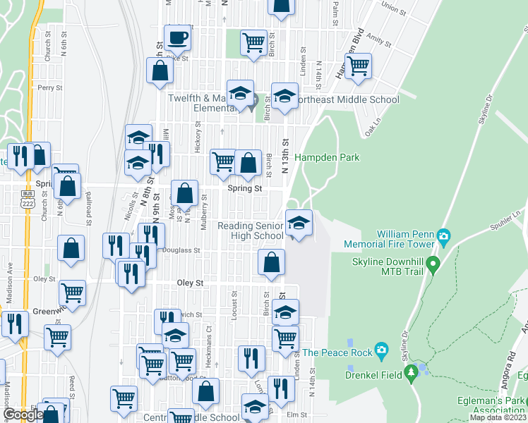 map of restaurants, bars, coffee shops, grocery stores, and more near 908 Birch Street in Reading