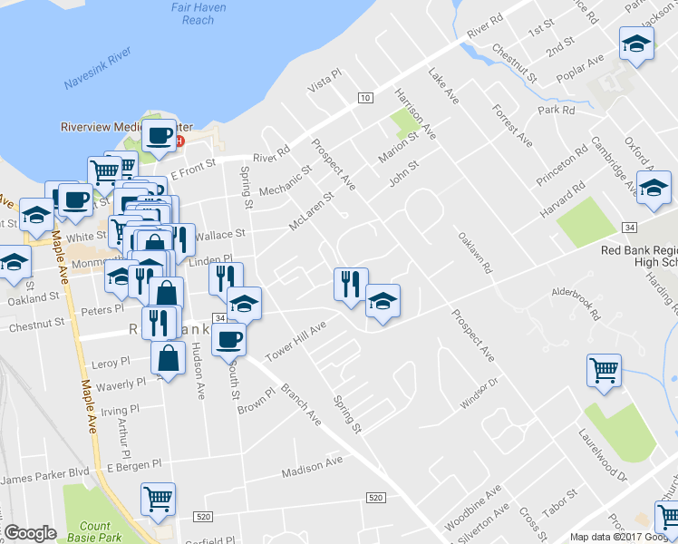map of restaurants, bars, coffee shops, grocery stores, and more near 92 Manor Drive in Red Bank
