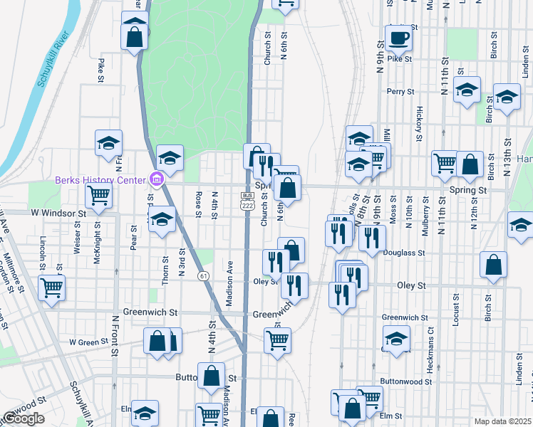 map of restaurants, bars, coffee shops, grocery stores, and more near 533 Windsor Street in Reading