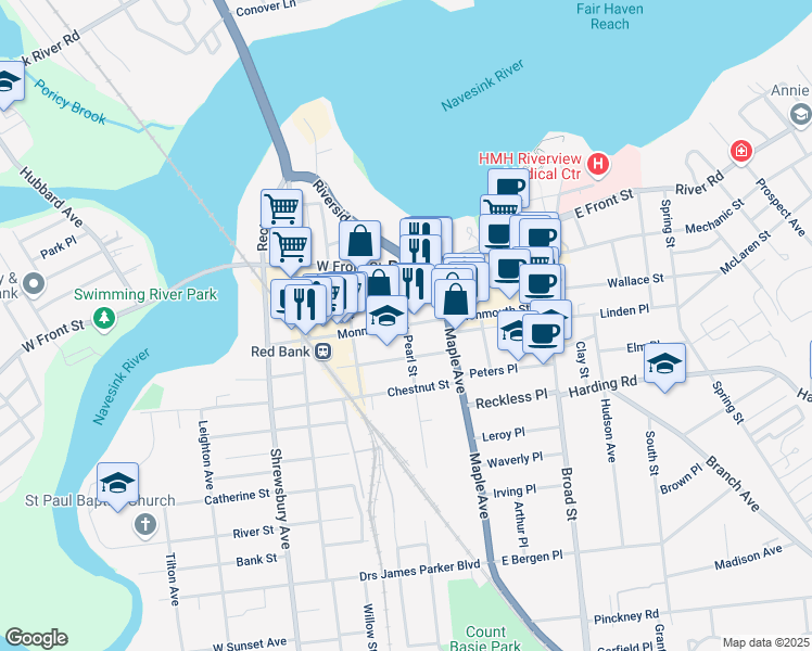map of restaurants, bars, coffee shops, grocery stores, and more near Monmouth Street in Red Bank