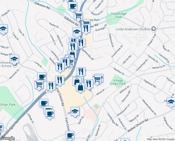 map of restaurants, bars, coffee shops, grocery stores, and more near 44 Highland Road in Bethel Park