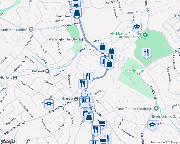 map of restaurants, bars, coffee shops, grocery stores, and more near 4786 Library Road in Bethel Park