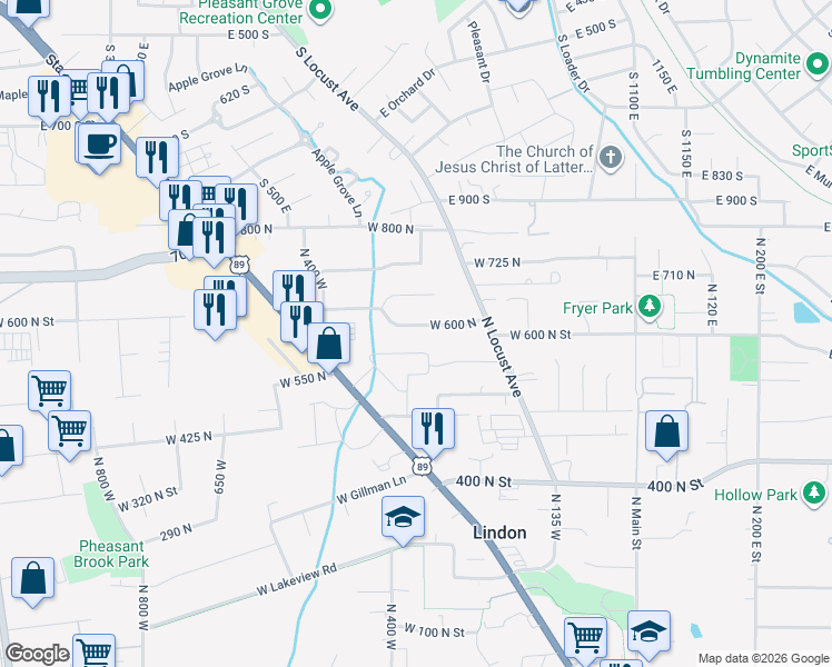 map of restaurants, bars, coffee shops, grocery stores, and more near 355 West 600 North in Lindon