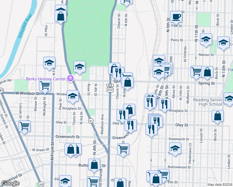 map of restaurants, bars, coffee shops, grocery stores, and more near 829 North 5th Street in Reading