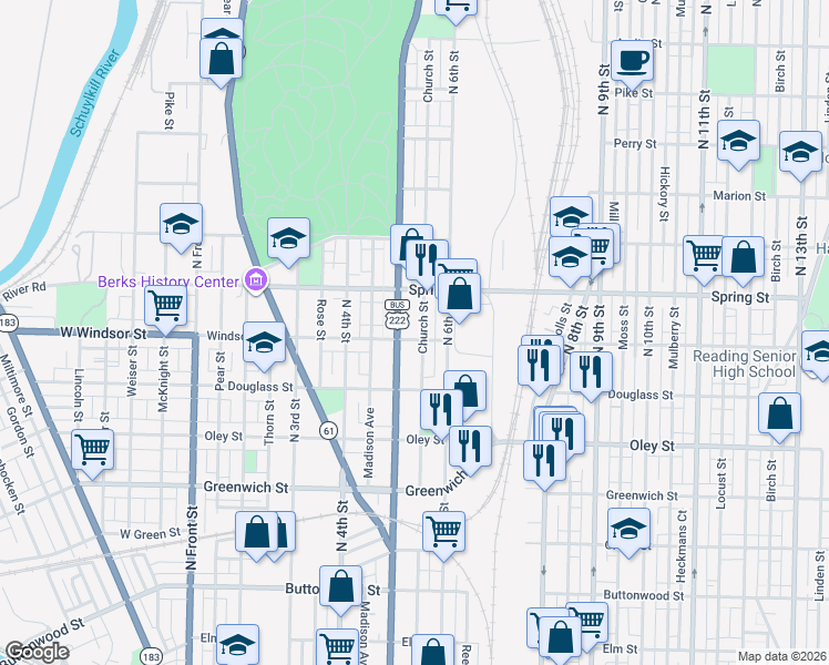 map of restaurants, bars, coffee shops, grocery stores, and more near 829 North 5th Street in Reading