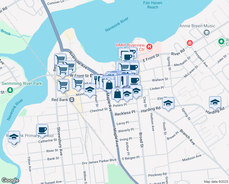 map of restaurants, bars, coffee shops, grocery stores, and more near 71 Maple Avenue in Red Bank
