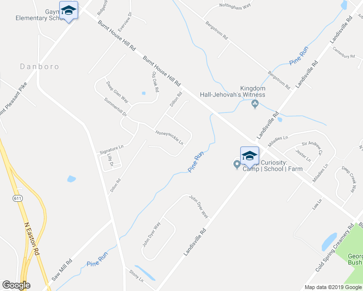 map of restaurants, bars, coffee shops, grocery stores, and more near 4599 Honeysuckle Lane in Doylestown