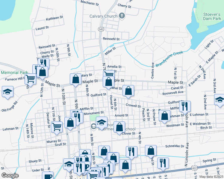 map of restaurants, bars, coffee shops, grocery stores, and more near 624 Canal Street in Lebanon