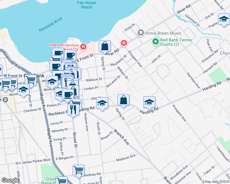 map of restaurants, bars, coffee shops, grocery stores, and more near 151 Spring Street in Red Bank
