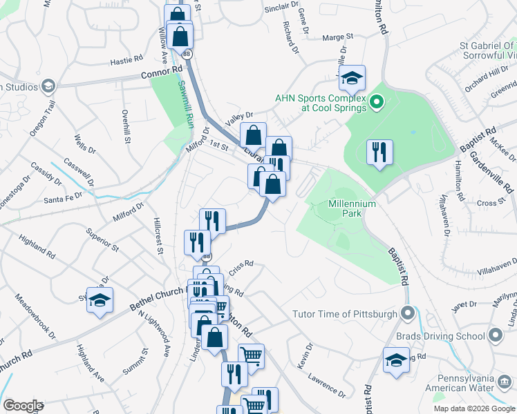 map of restaurants, bars, coffee shops, grocery stores, and more near 104 Wagner Drive in Bethel Park