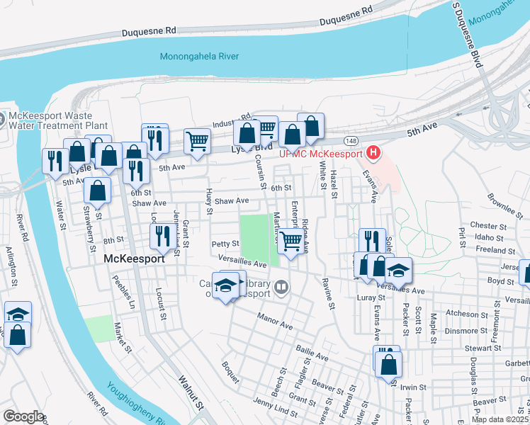 map of restaurants, bars, coffee shops, grocery stores, and more near 900 Lawndale Street in McKeesport