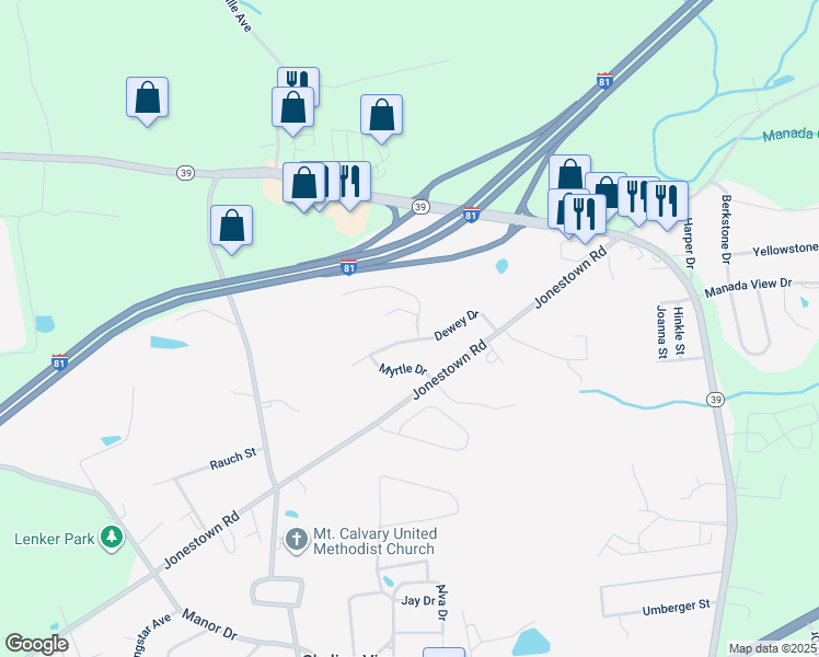 map of restaurants, bars, coffee shops, grocery stores, and more near 7824 Dewey Drive in Harrisburg