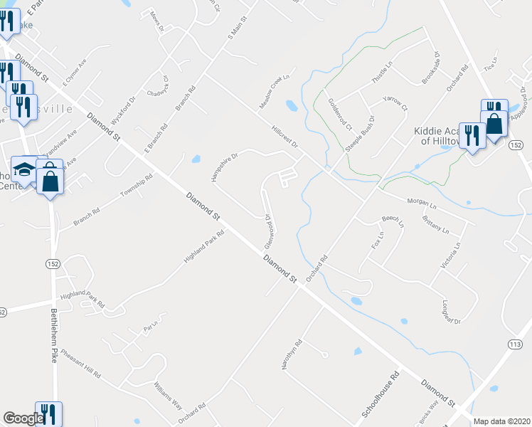 map of restaurants, bars, coffee shops, grocery stores, and more near Glenwood Drive in Sellersville