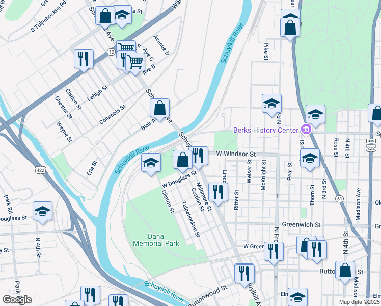 map of restaurants, bars, coffee shops, grocery stores, and more near 860 Schuylkill Avenue in Reading