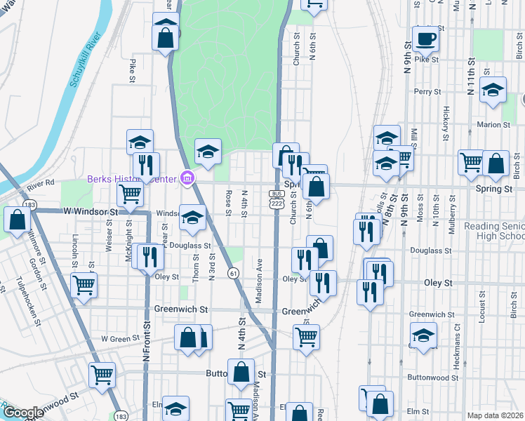 map of restaurants, bars, coffee shops, grocery stores, and more near 844 Madison Avenue in Reading