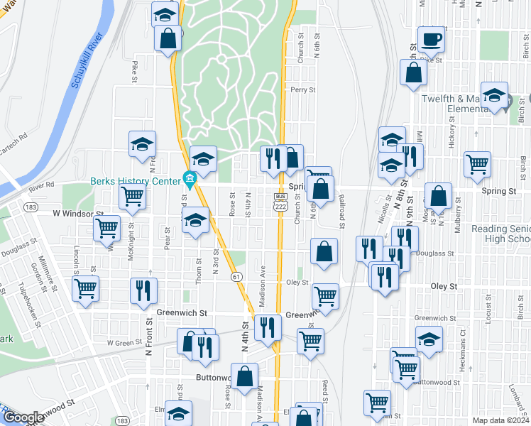 map of restaurants, bars, coffee shops, grocery stores, and more near 844 Madison Avenue in Reading