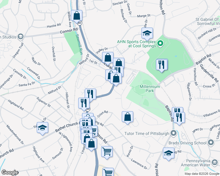 map of restaurants, bars, coffee shops, grocery stores, and more near 104 Wagner Drive in Bethel Park
