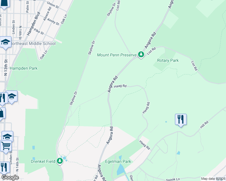 map of restaurants, bars, coffee shops, grocery stores, and more near 802 Angora Road in Reading