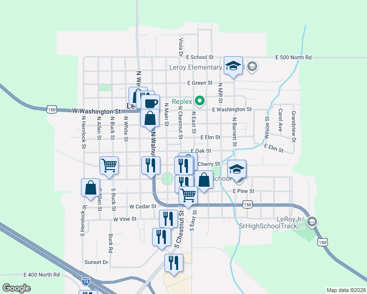 map of restaurants, bars, coffee shops, grocery stores, and more near 200 N Chestnut St in Le Roy