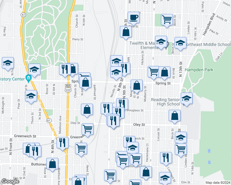 map of restaurants, bars, coffee shops, grocery stores, and more near 906 North 8th Street in Reading