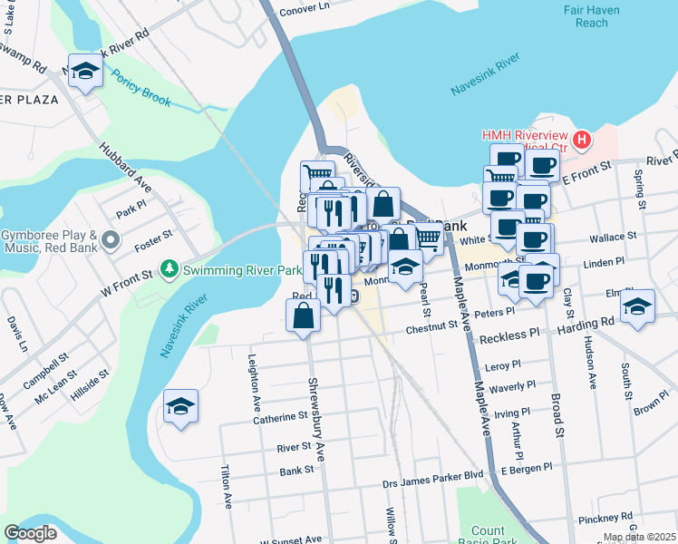 map of restaurants, bars, coffee shops, grocery stores, and more near 64d Bridge Avenue in Red Bank