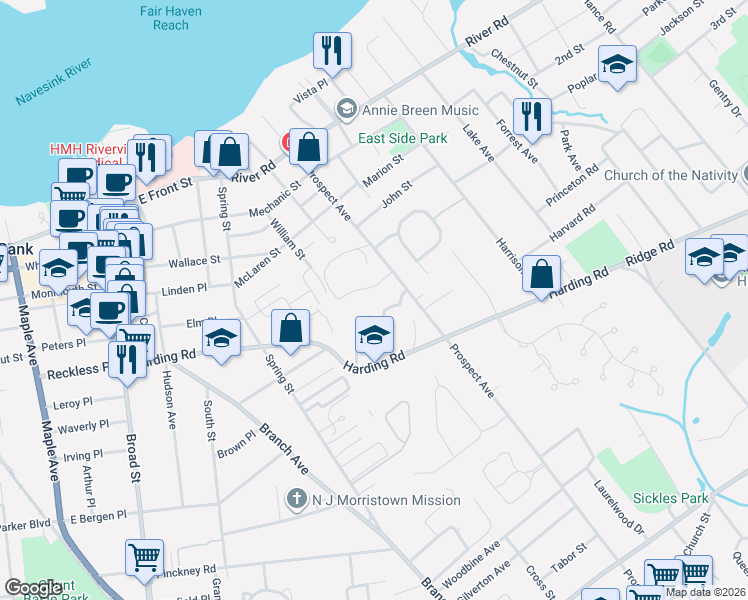 map of restaurants, bars, coffee shops, grocery stores, and more near 46 Hilltop Terrace North in Red Bank