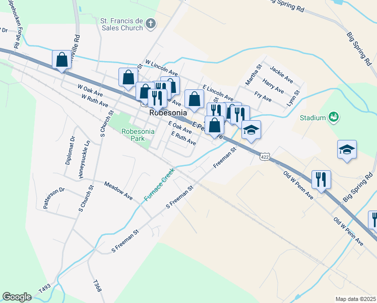 map of restaurants, bars, coffee shops, grocery stores, and more near 112 South Wayne Street in Robesonia