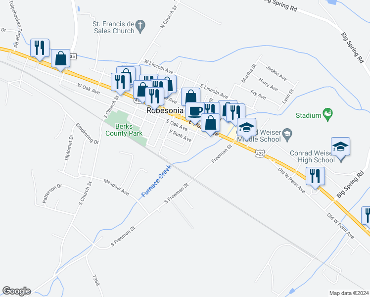 map of restaurants, bars, coffee shops, grocery stores, and more near 112 South Wayne Street in Robesonia