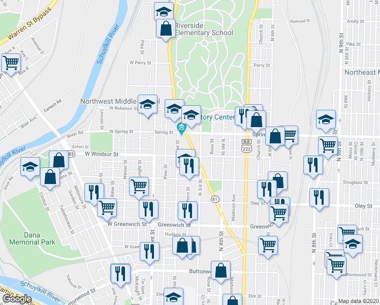 map of restaurants, bars, coffee shops, grocery stores, and more near 900 Centre Avenue in Reading