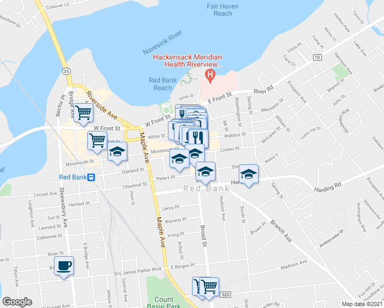 map of restaurants, bars, coffee shops, grocery stores, and more near 64 Broad Street in Red Bank