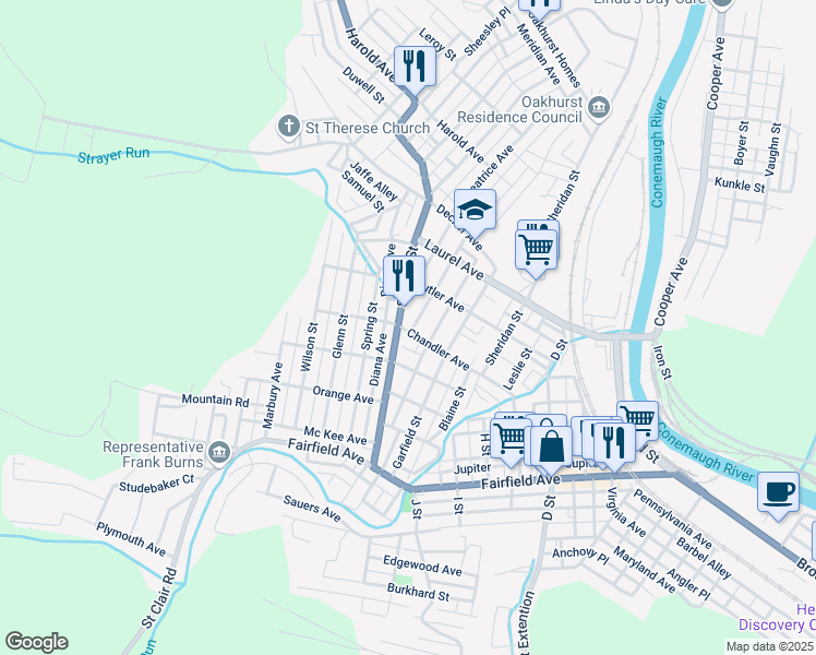 map of restaurants, bars, coffee shops, grocery stores, and more near 324 Chandler Avenue in Johnstown