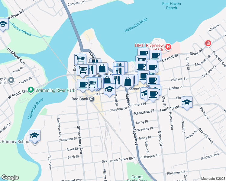 map of restaurants, bars, coffee shops, grocery stores, and more near 9 Wall Street in Red Bank