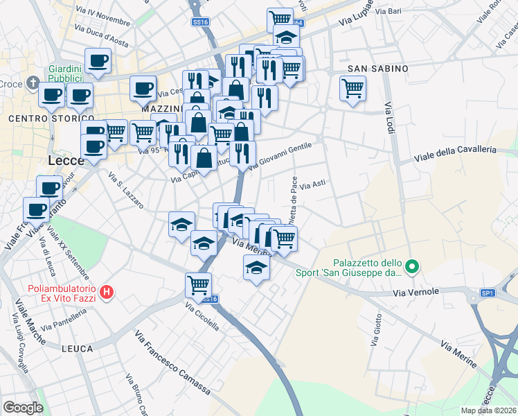 map of restaurants, bars, coffee shops, grocery stores, and more near 32 Via Catalano Giaovandomenico in Lecce