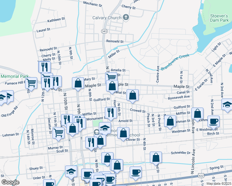 map of restaurants, bars, coffee shops, grocery stores, and more near 624 Canal Street in Lebanon